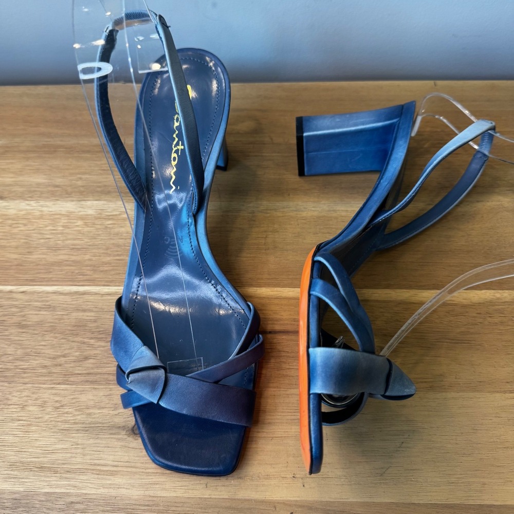 Santoni Women 7.5 EU 38 Blue Satin Leather Knotted Slingback Block Heel Sandals
